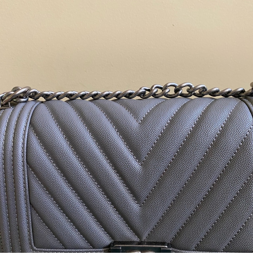 Gray vegan leather crossbody with chain strap